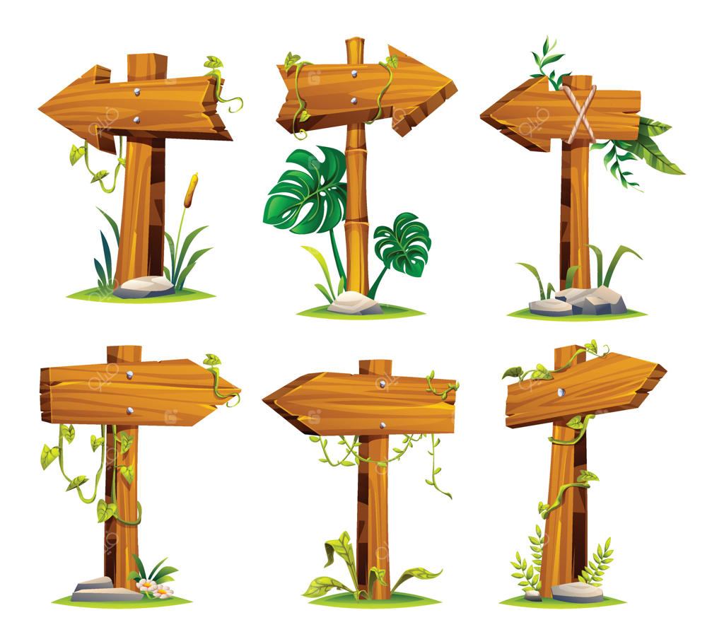 مجموعه‌ای از تابلوهای چوبی راهنما در میان گیاهان گرمسیری و پیچک‌های آویزان - تصویر کارتونی