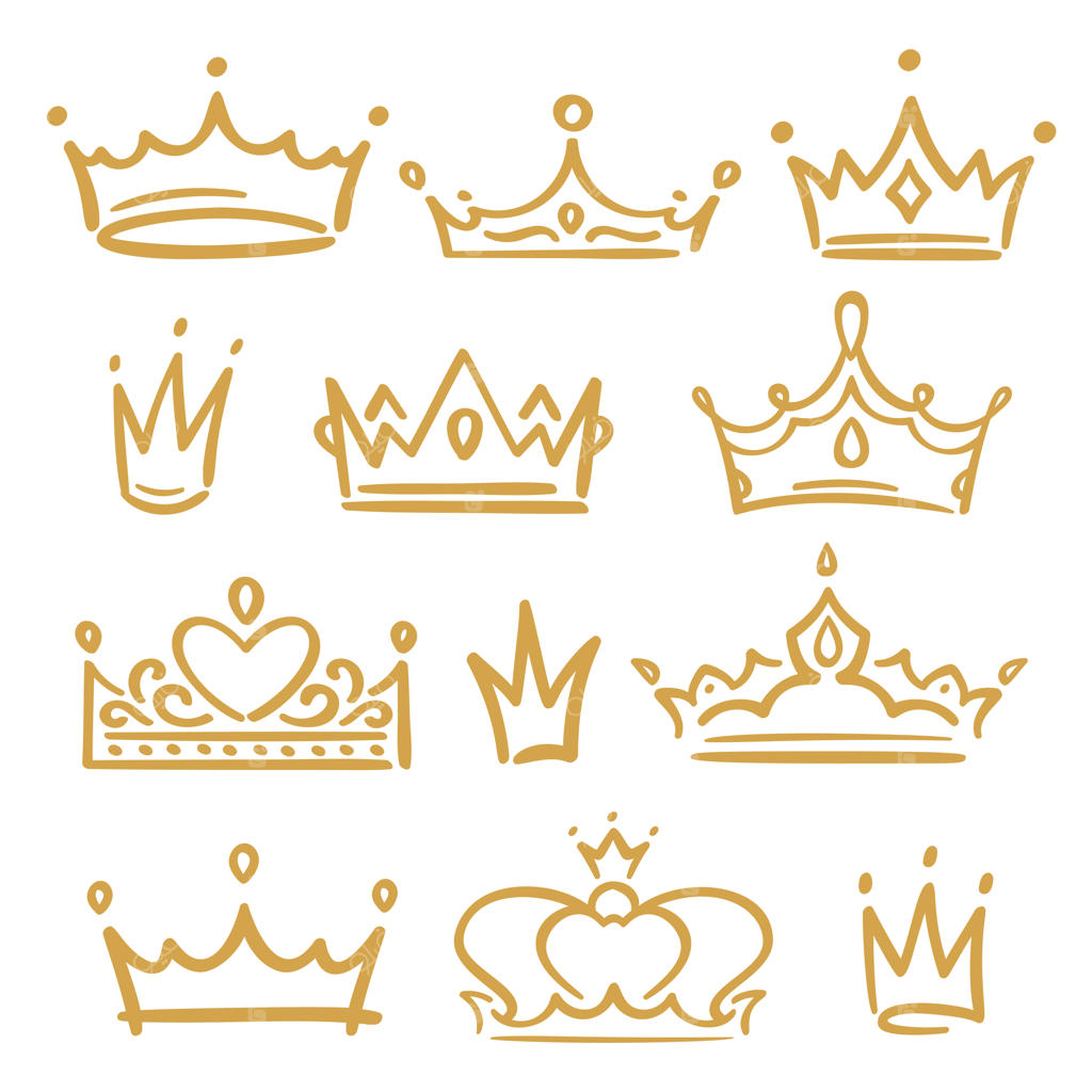 طرح طلایی از تاج‌ها و لوازم سلطنتی برای ملکه، پادشاه، شاهزاده و شاهدخت - دست کشیده شده با دیهیم‌ها