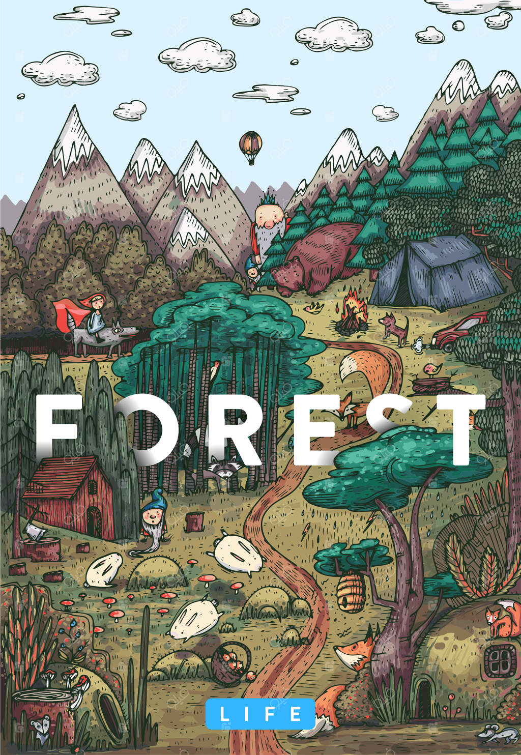 تصویرسازی وکتور رنگارنگ و دقیق: زندگی مخفی در جنگل افسانه‌ای با حیوانات، پرندگان، گیاهان و موجودات خیالی