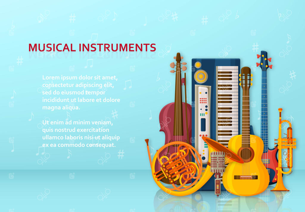 پس‌زمینه موسیقی متشکل از سازهای مختلف، کلید سل و نت‌ها. فضای مناسب برای متن. تصویرسازی رنگارنگ.