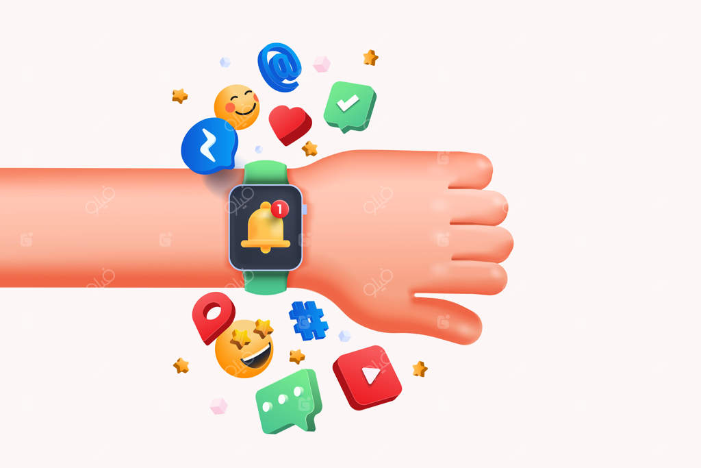 تصویر سه‌بعدی: دست کارتونی با ساعت هوشمند بند سبز روی زمینه سفید - صفحه سیاه خام و اپلیکیشن‌های اطراف آن