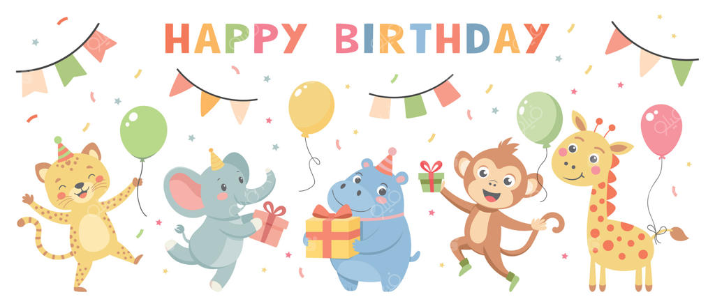 جشن تولد شاد: مجموعه کودکان با حیوانات ناز. بچه حیواناتی با کلاه‌های مهمانی، کیک‌ها، جعبه‌های هدیه و بادکنک‌ها. تصاویر برای کارت پستال تولد و برچسب‌ها
