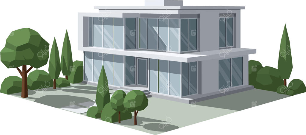 تصویری از خانه مدرن با درختان و بوته‌ها