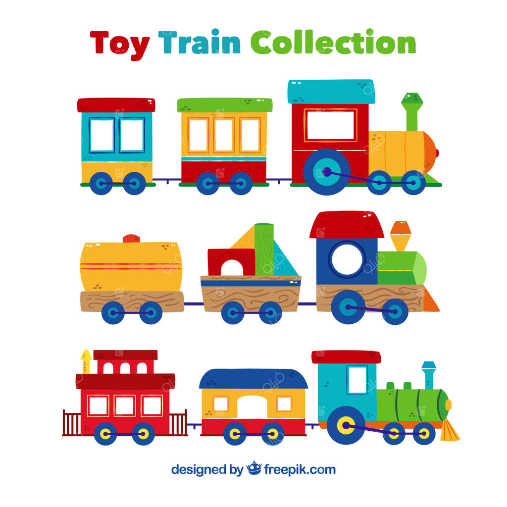 مجموعه قطارهای اسباب‌بازی رنگارنگ به سبک ساده