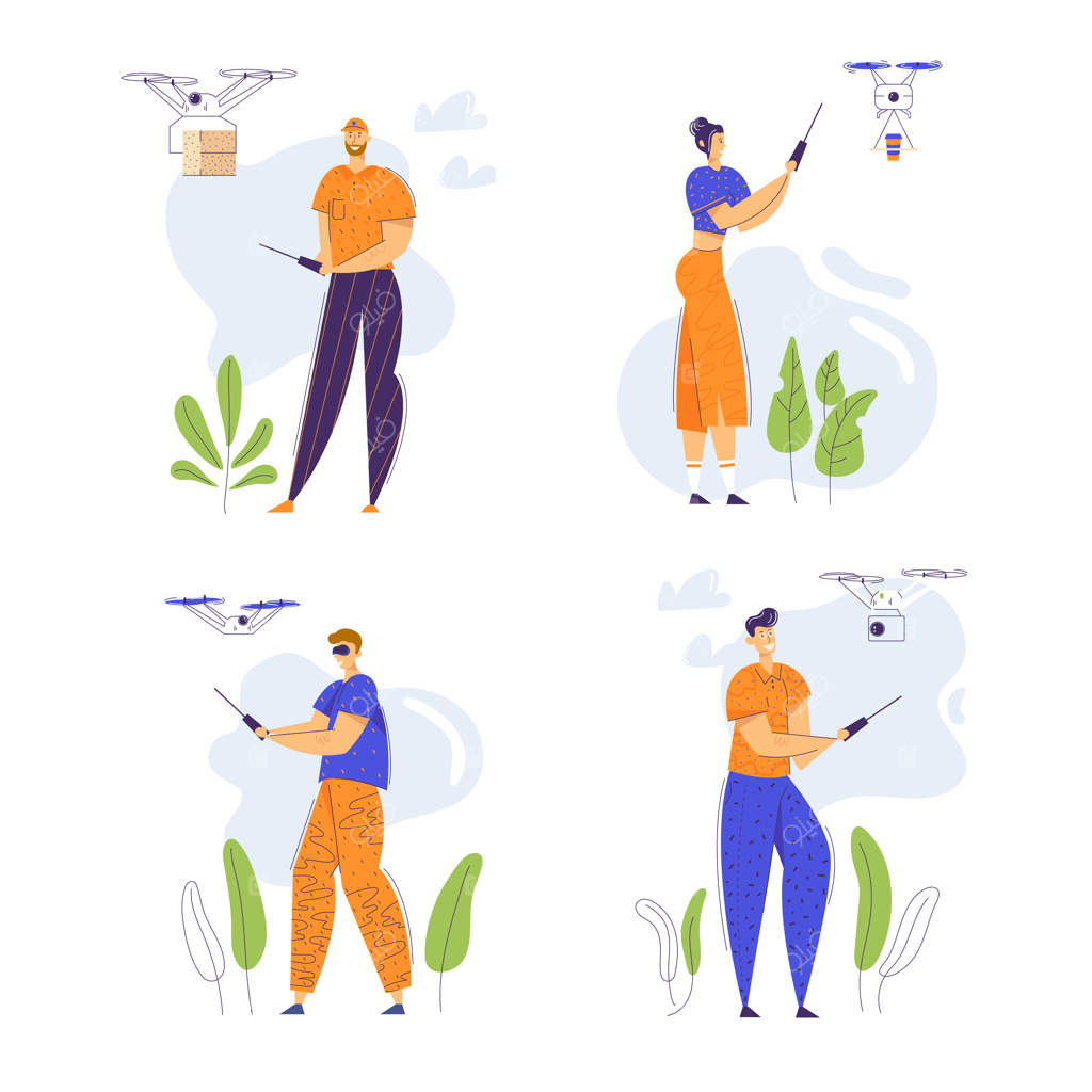 شخصیت‌های انسان‌ها در حال هدایت پهپاد با کنترل از راه دور. فناوری پرواز برای خدمات حمل و نقل. مرد و زن در حال کنترل پهپاد.