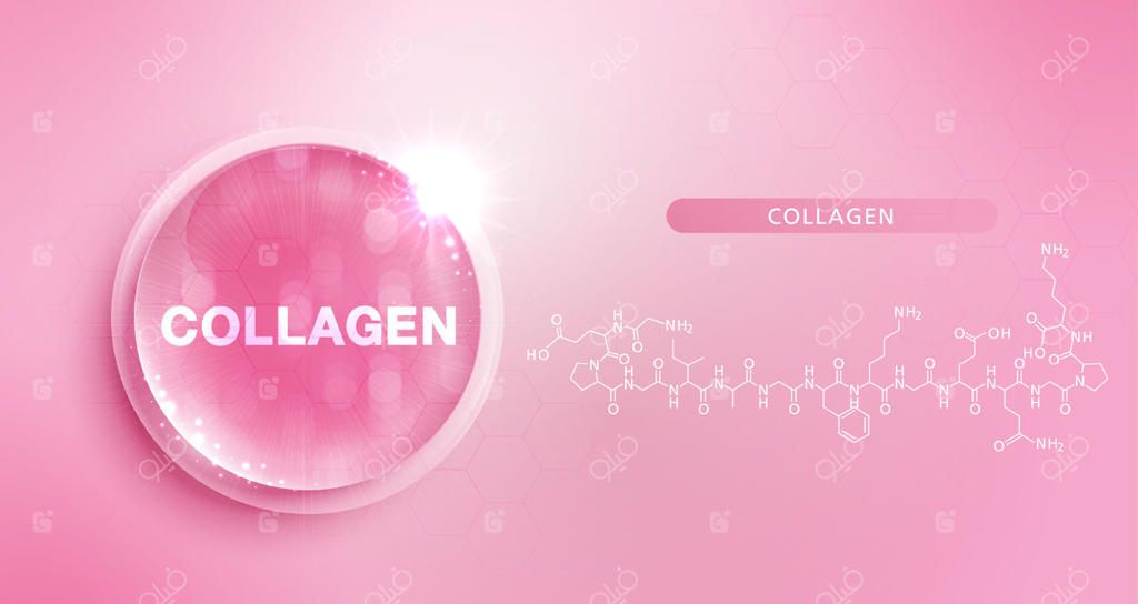 قطره صورتی کلاژن و ساختار مولکولی، محلول کمپلکس ویتامین با فرمول شیمیایی طبیعی، طرح مراقبت از پوست و درمان زیبایی، مفاهیم علمی و پزشکی برای محصولات آرایشی - وکتور