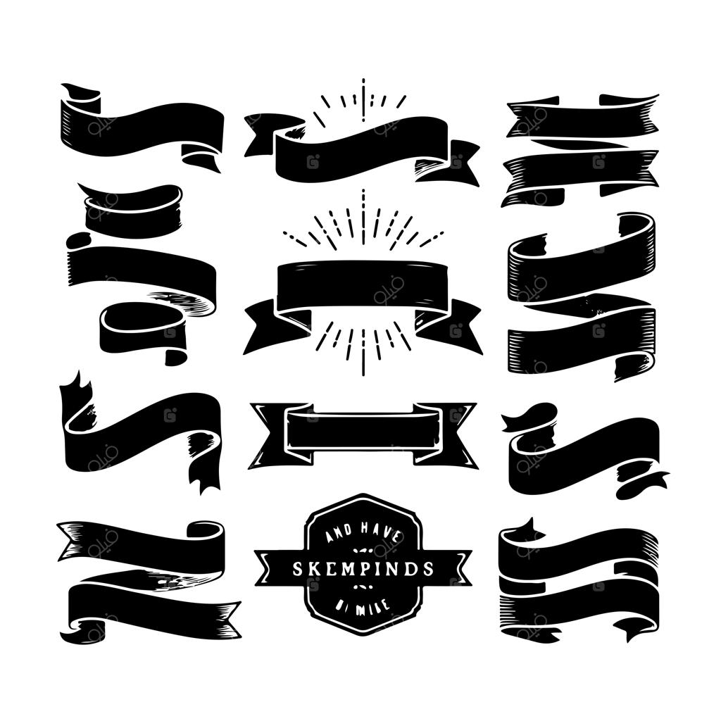 مجموعه تصویرسازی و المان‌های طراحی شامل روبان‌های خالی وینتج، نشان، بنر، پرچم و طرح خورشیدی