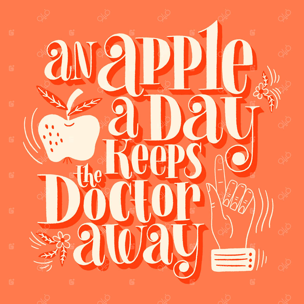 خوردن یک سیب در روز، دکتر را دور نگه می‌دارد - نقل قول با دست‌خط دستی