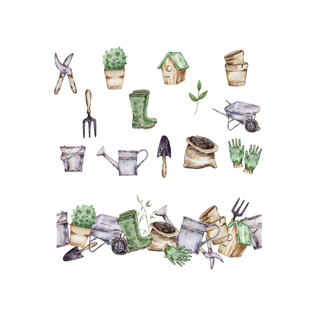 مرز باغ آبرنگی با عناصر ابزار باغبانی