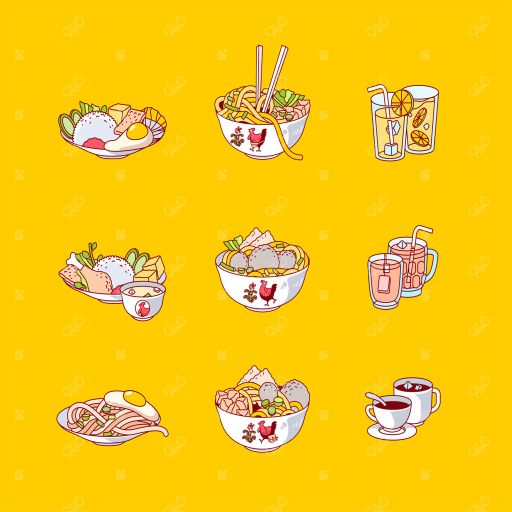طراحی تخت آیکون‌های غذا و نوشیدنی اندونزیایی - تصویر برداری وکتور