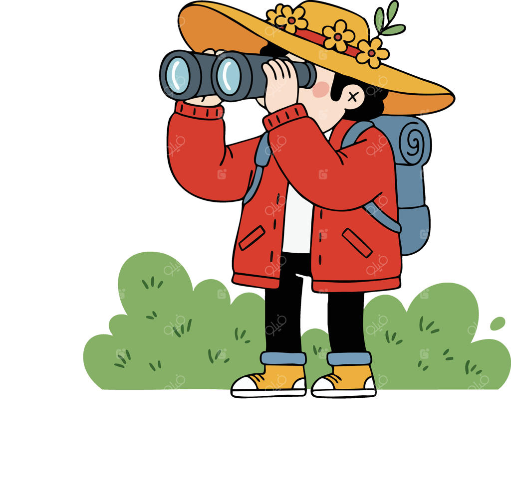 نقاشی کودک کاوشگر با دوربین دوچشمی و کلاه گل‌دار و کاپشن قرمز در حال مشاهده طبیعت در میان بوته‌های سبز