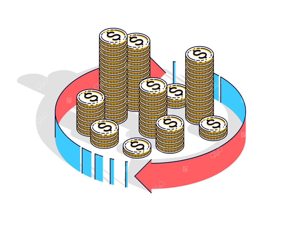 گردش پول، بازده سرمایه‌گذاری، تبدیل ارز، بازپرداخت پول، مفاهیمی قابل استفاده هستند. تصویر وکتور از دسته‌های پول نقد با حلقه‌های شعاعی اطراف، ایزومتریک سه‌بعدی.