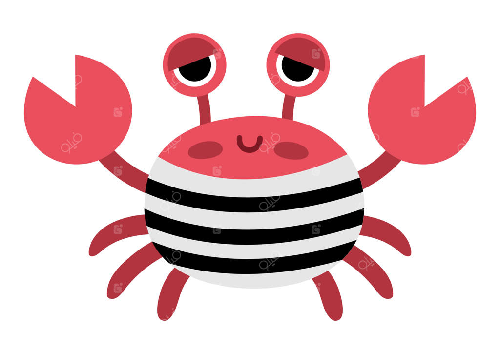 نماد خرچنگ دزد دریایی کارتونی - تصویر حیوان دریایی بامزه - شکارچی جزیره گنج با پیراهن راه‌راه - عنصر بامزه مهمانی دزد دریایی برای کودکان - تصویر خرچنگ روی پس‌زمینه سفید