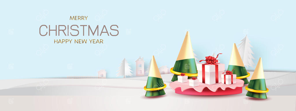 سال نو مبارک. طراحی انتزاعی و مینیمال، جعبه هدیه و خرید هندسی، استیج و جایگاه واقعی. پس‌زمینه قرمز زمستانی. هدر یا بنر سایت نمایش دهید.