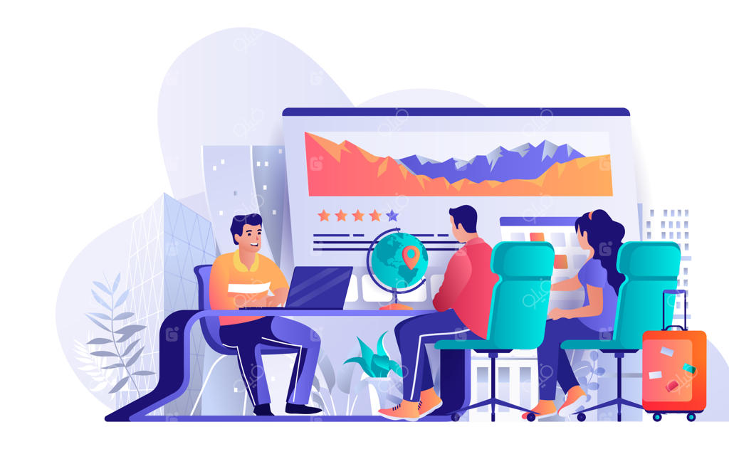 تصویرسازی مفهومی طراحی تخت از شخصیت‌های یک آژانس مسافرتی