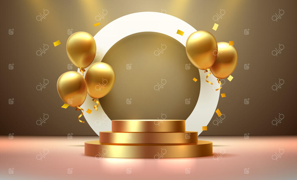 بالن و سکوی طلایی برای جشن تولد مبارک - بنر وکتور همراه با هدیه و جشن