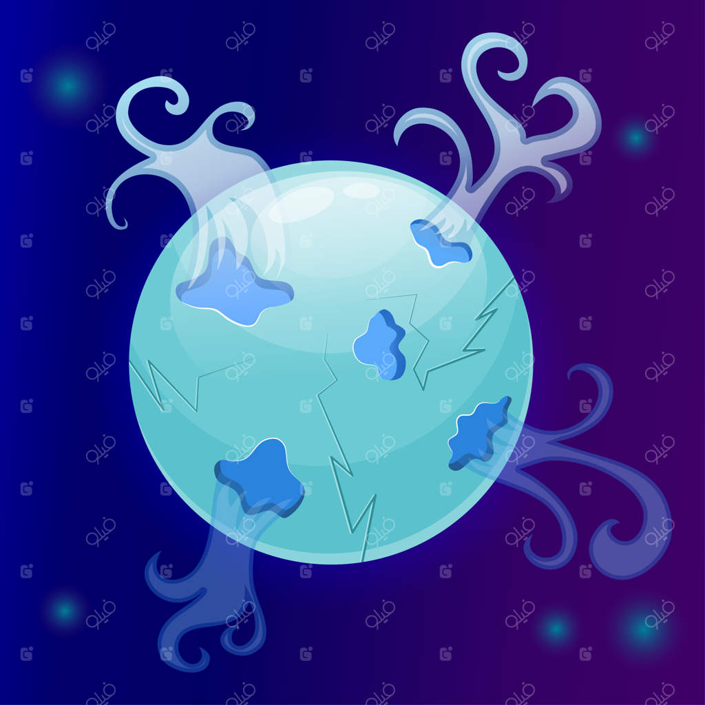 سیاره فانتزی یخی - کارتون سیاره گرد با برف جادویی آبی و حفره‌های هوای یخ‌زده: طراحی UI و تصویرسازی وکتور