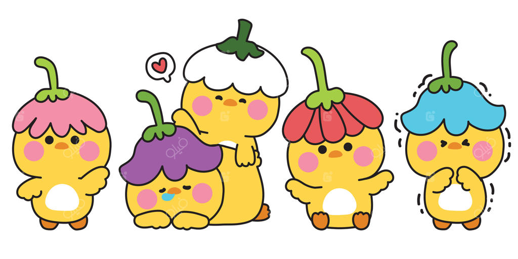 مجموعه‌ای از جوجه‌های بامزه با کلاه گلدار در حالات و احساسات مختلف. بهار. طبیعت. اردک. پرنده. طراحی شخصیت حیوانات مزرعه. بامزه. تصویرسازی.