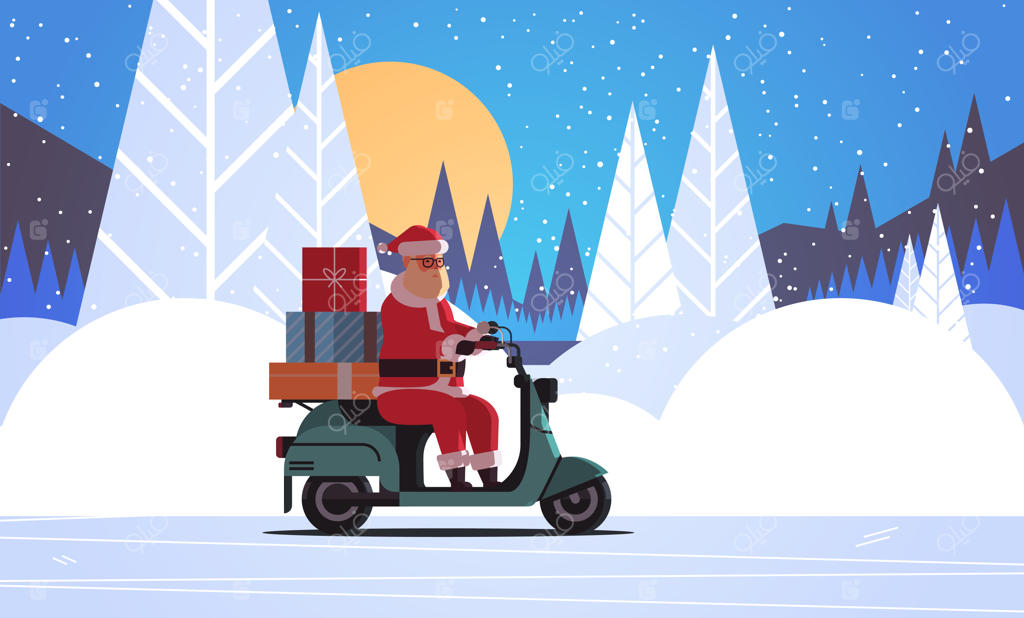 بابانوئل با جعبه‌های هدیه در حال راندن اسکوتر - جشن کریسمس مبارک، منظره جنگل شب با ماه کامل