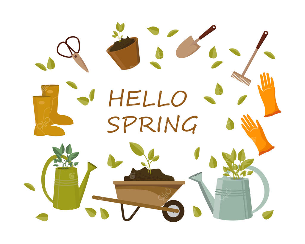 ست باغبانی: فرغون، بیل، شن‌کش، چکمه، دستکش، آب‌پاش، خانه پرنده، تابلوهای چوبی. آیکون‌ها، تصویرسازی بهاری، وکتور.