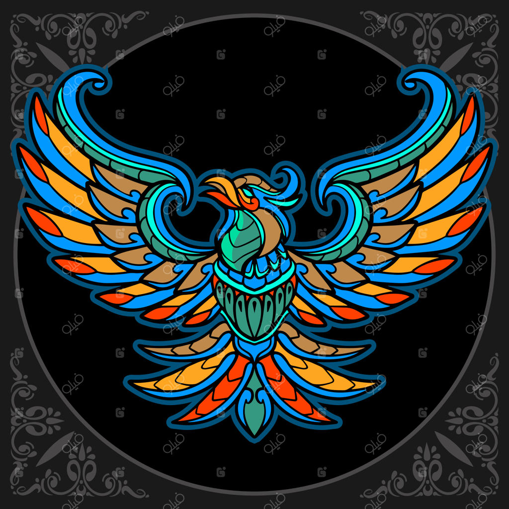 هنر رنگارنگ ققنوس به سبک زنتانگل روی پس‌زمینه سیاه