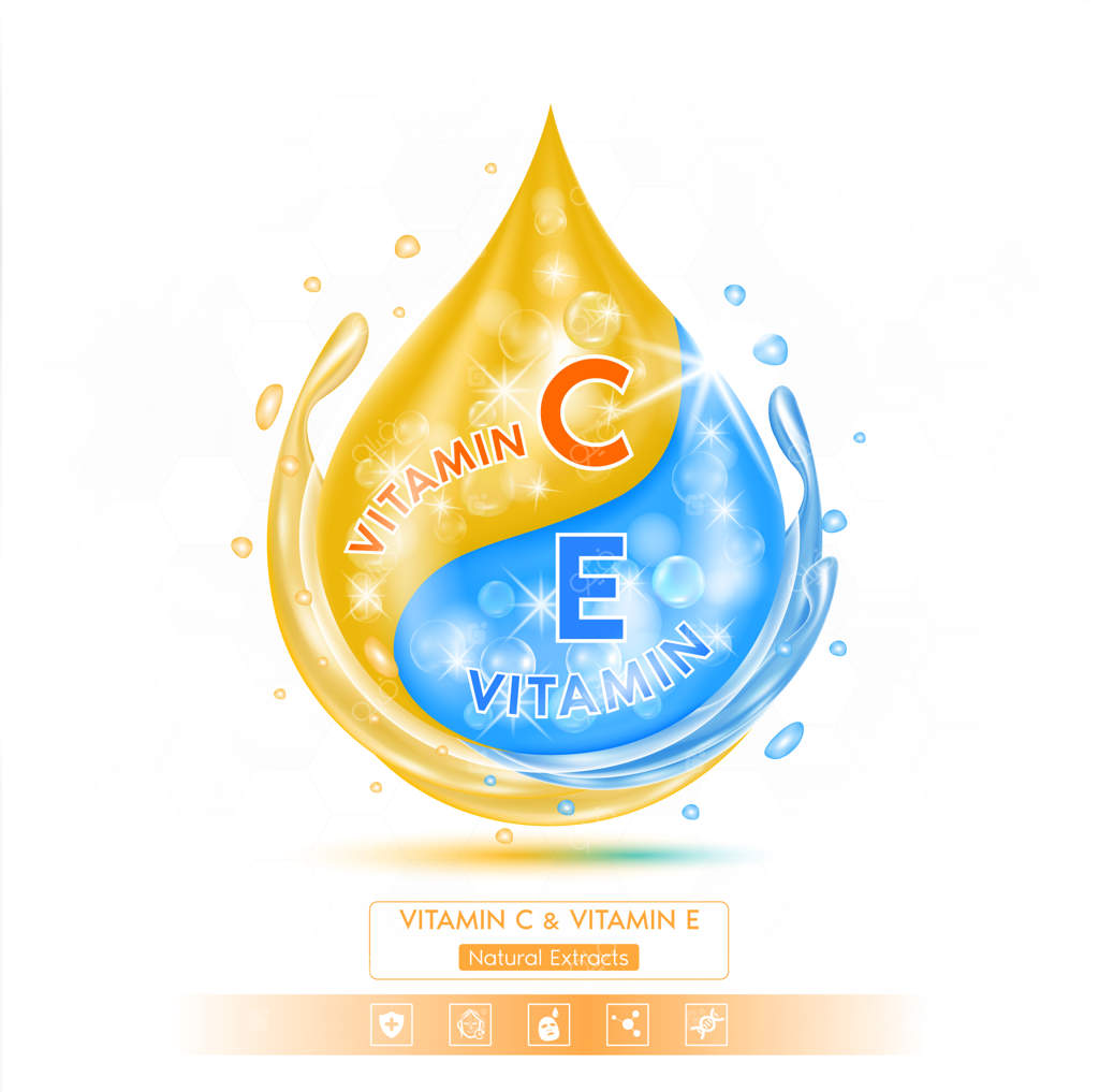 چکاندن سرم محلول ویتامین E آبی و ویتامین C نارنجی روی زمینه سفید