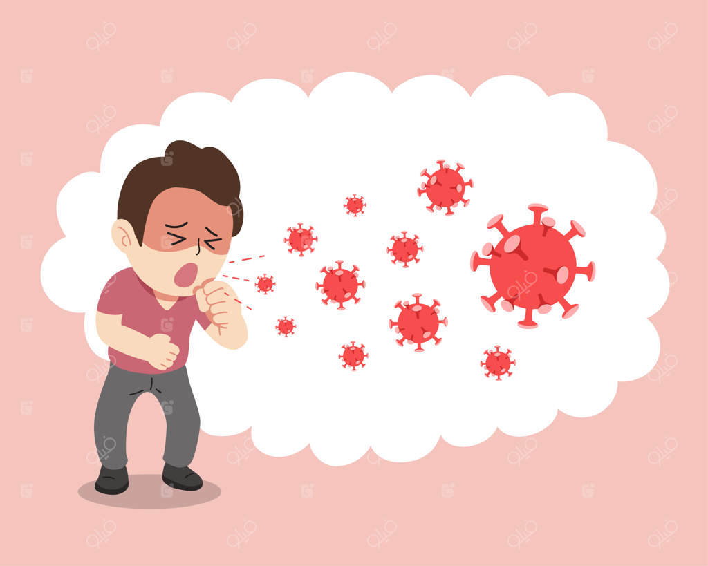 مفهوم محافظت در برابر کووید-۱۹: پخش شدن ویروس در هوا هنگام سرفه یک مرد