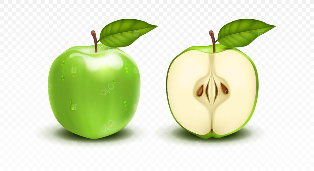 مجموعه سه‌بعدی واقعی از سیب سبز، کامل و نصفه، سیب براق با برگ.