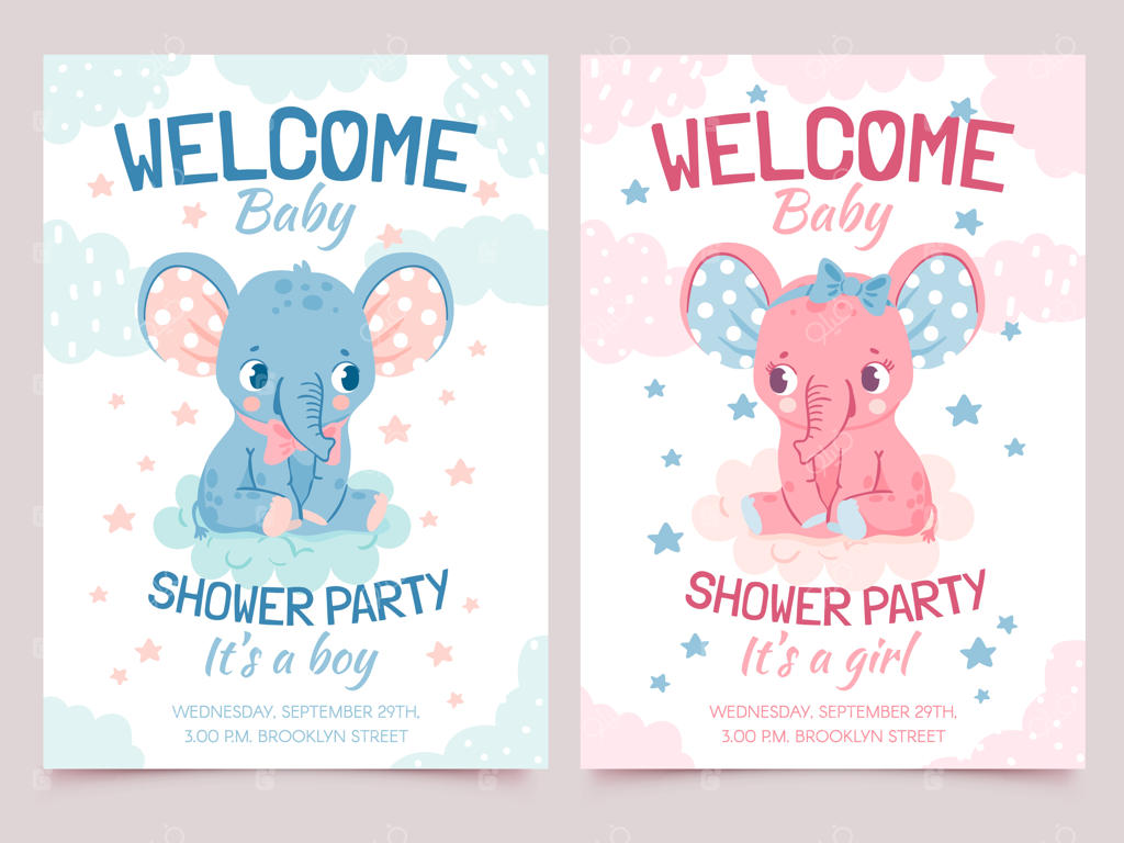 کارت دعوت جشن بیبی‌شاور با فیل‌ها برای نوزاد دختر و پسر. بنر خوش‌آمدگویی با طرح‌های جذاب فیل‌ها روی ابر. جشن شادی‌آور تولد کودک همراه با طرح‌های بامزه فیل‌ها.