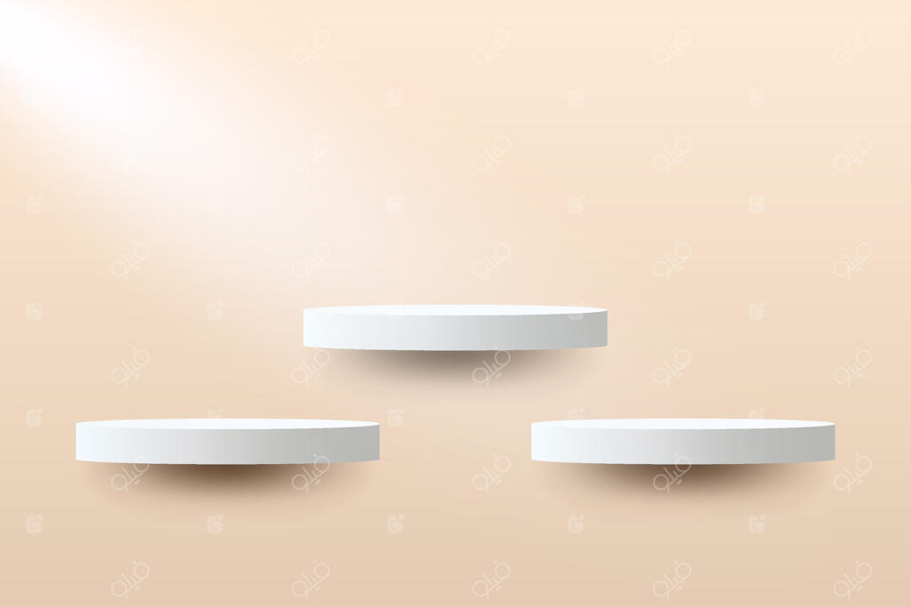 پودیوم محصول سه‌بعدی بژ در پس‌زمینه دیوار شناور است. مدل مینیمالیستی مدرن برای نمایش محصولات.