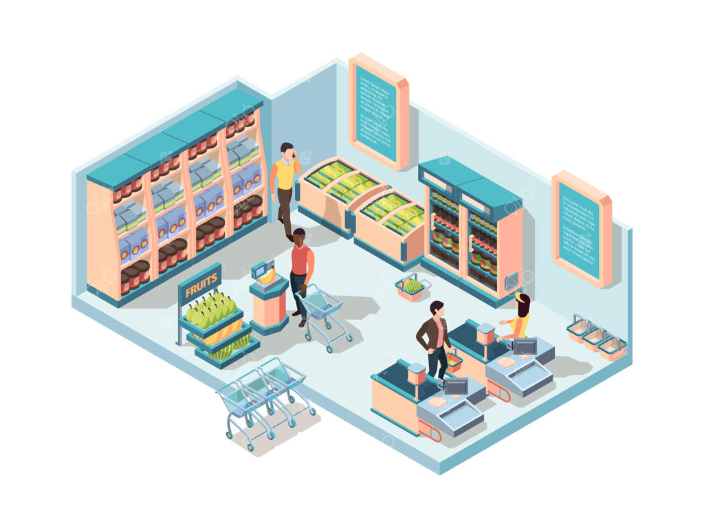 مفهوم ایزومتریک فضای داخلی سوپرمارکت.