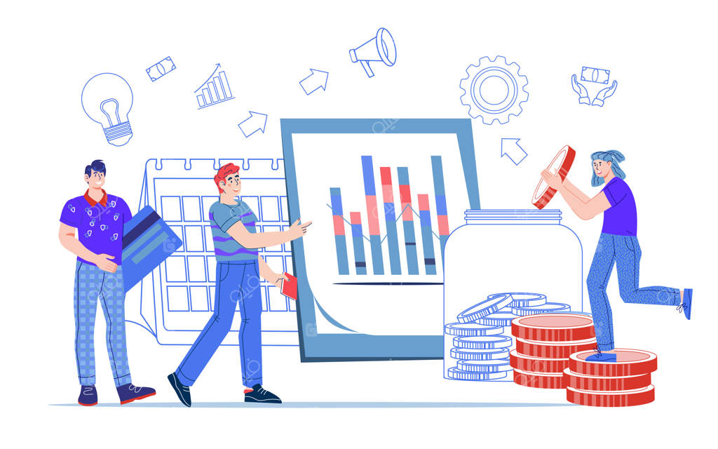 افراد پول و کارت‌های اعتباری را در نزدیکی تقویم برای برنامه‌ریزی پرداخت‌های بانکی یا وام حمل می‌کنند. مفهوم برنامه‌ریزی بدهی و بودجه‌بندی و صرفه‌جویی در پول. تصویرسازی کارتونی وکتور به صورت جداگانه بر روی پس‌زمینه سفید