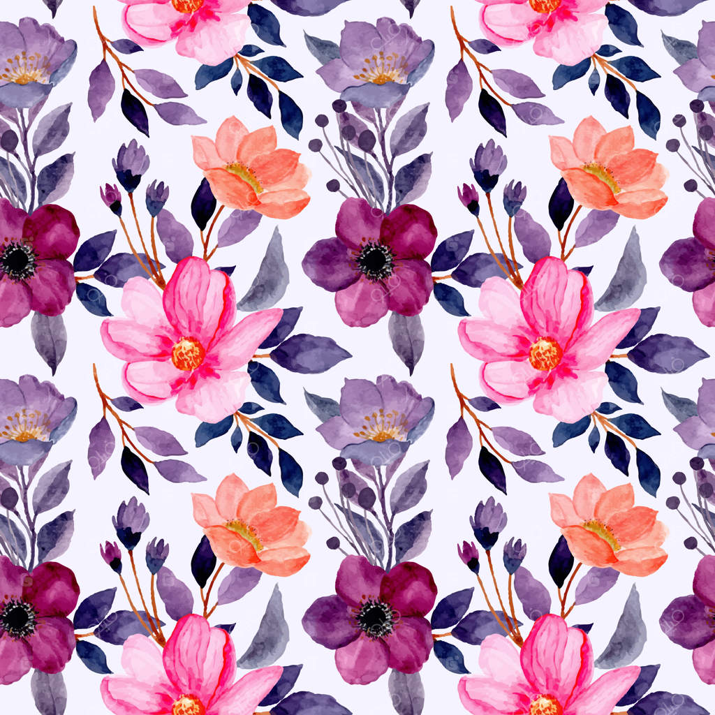 پترن پیوسته با گل‌های بنفش و صورتی آبرنگی