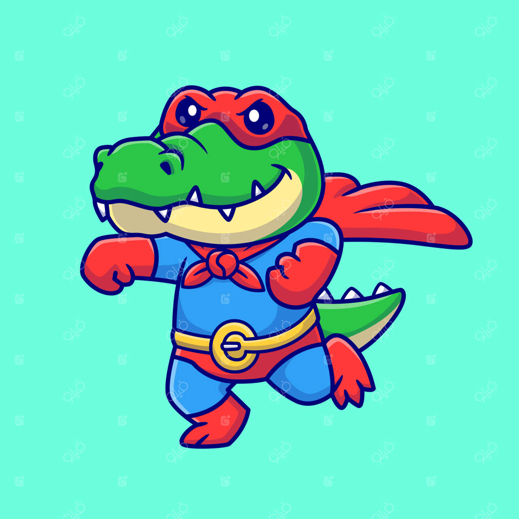 تصویر وکتوری آیکون کارتونی ابرقهرمان کروکودیل بامزه. طرح آیکون حیوانات برای جشن و تعطیلات