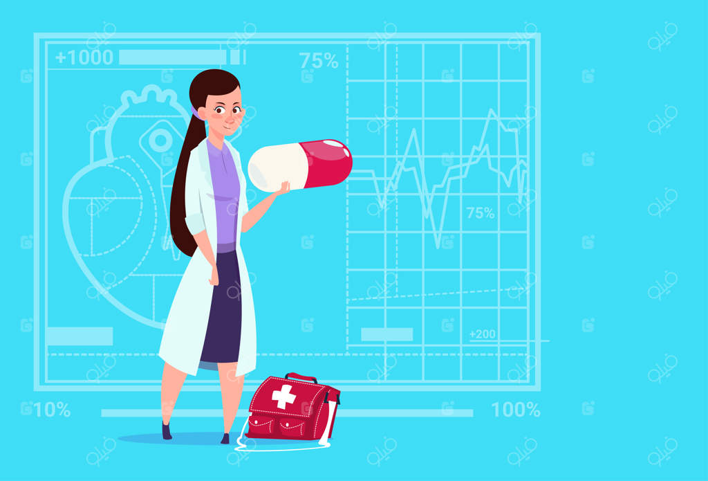 پزشک زن با قرص در دست - کارمند کلینیک های پزشکی و بیمارستان