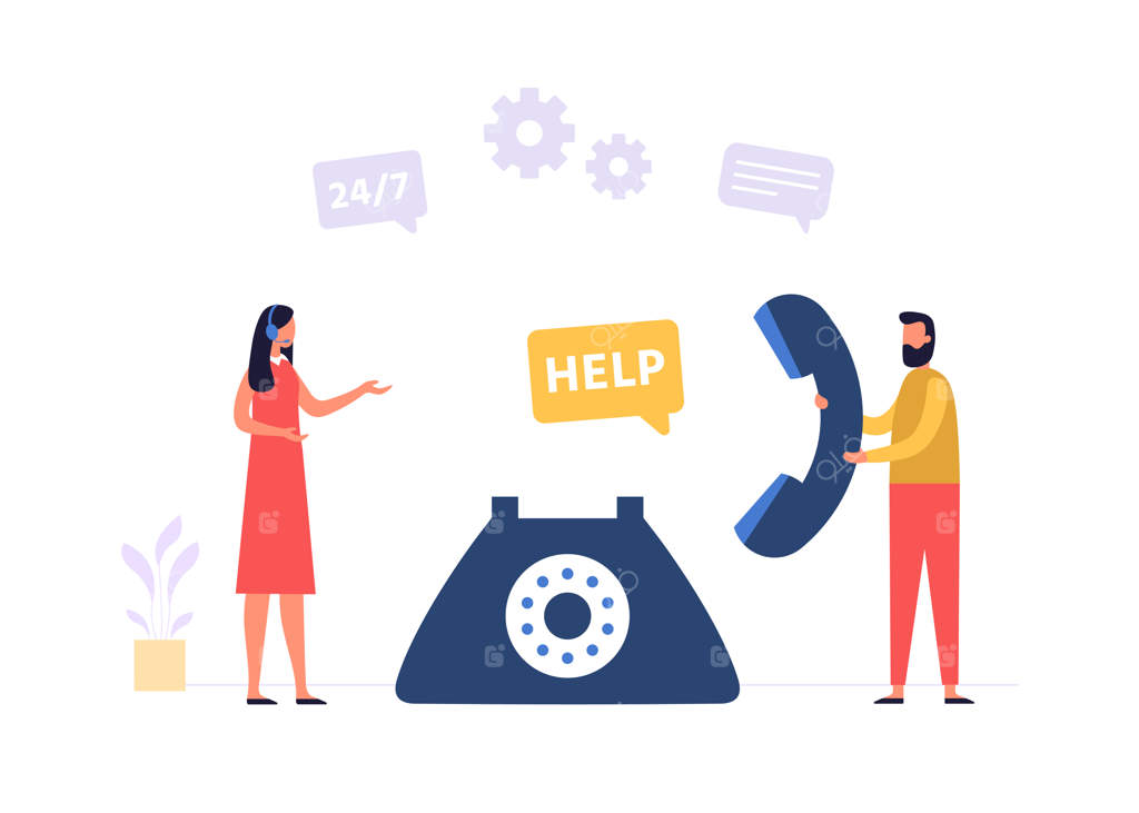 دستیار آنلاین: مردی که با پشتیبانی مشتری تماس می‌گیرد و درخواست کمک می‌کند، زن دستیار با هدفون