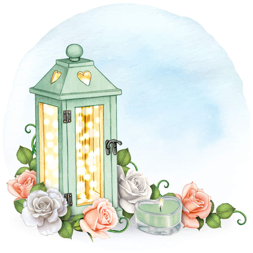 گوشه رمانتیک آبرنگی با گل‌های رز و فانوس‌ها