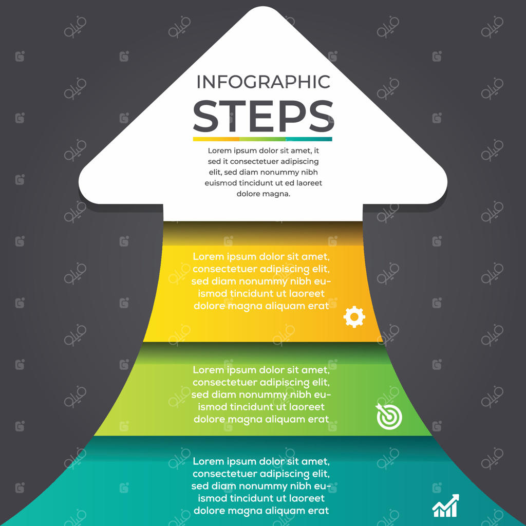 اینفوگرافیک مدرن با پیکان‌های رنگارنگ و ۳ مرحله به همراه آیکون‌ها بر روی زمینه تیره