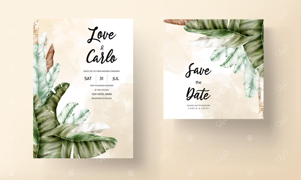 کارت دعوت شیک با طراحی دست و آبرنگ برگ‌های استوایی