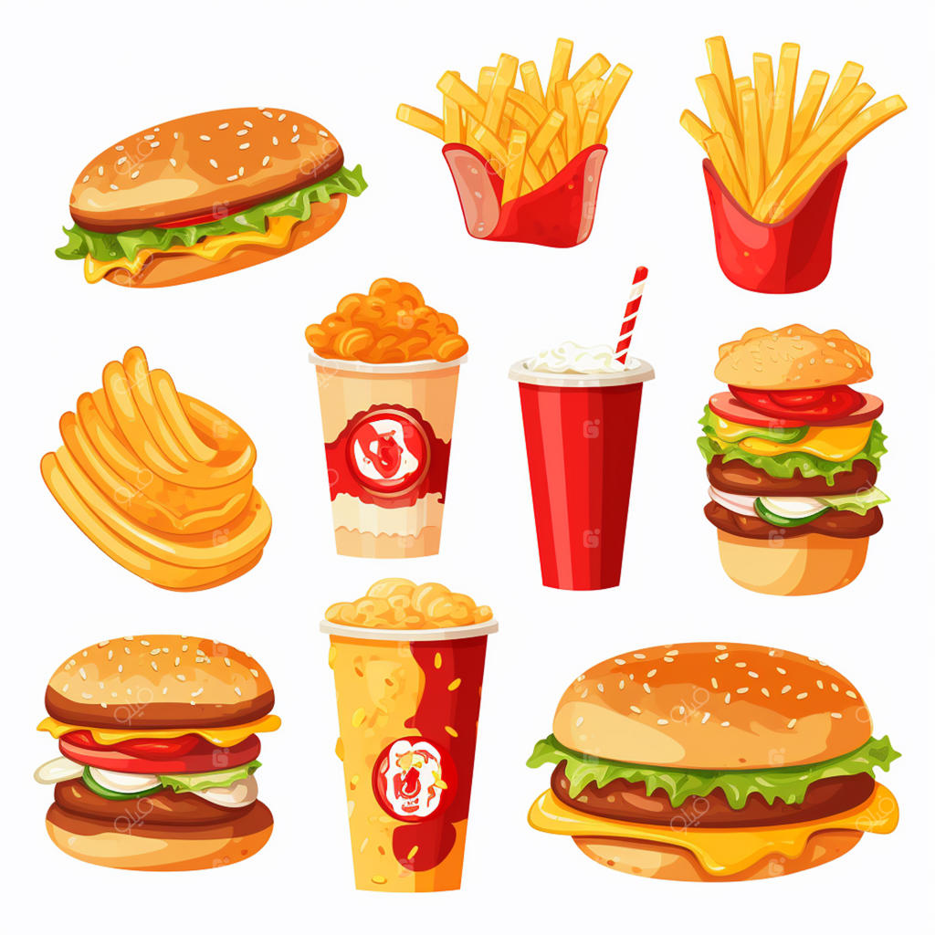 وکتور آیکون همبرگر، تصویرسازی غذای فست فود، منوی رستوران، پیتزا، ساندویچ و ناهار