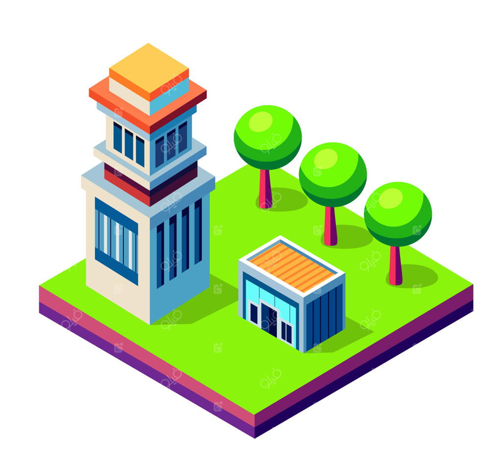 وکتور حرفه‌ای تصویرسازی ایزومتریک ساختمان و طبیعت