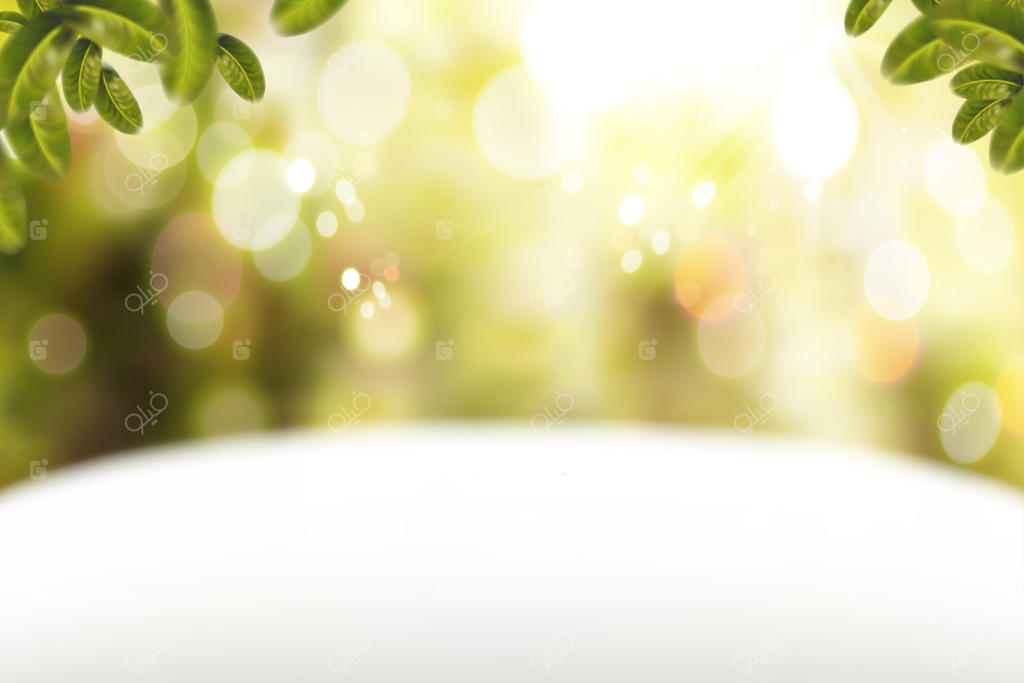 پس‌زمینه‌ای درخشان با میز سفید و عناصر برگ‌های سبز