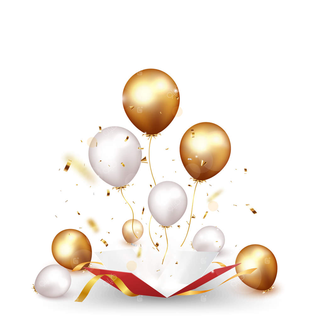 جشن بیرون از جعبه با کاغذپاشی طلایی و بادکنک‌ها