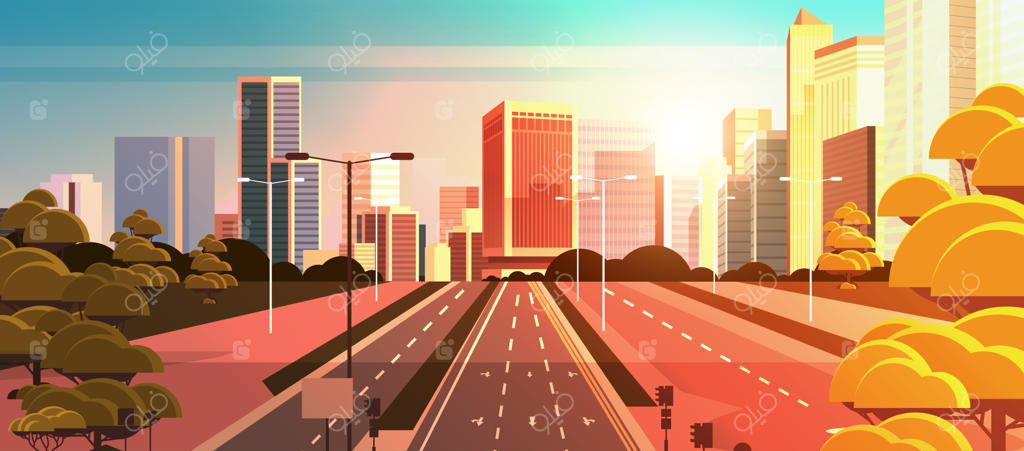 جاده آسفالتی بزرگراه با علامت‌گذاری فلش‌ها و تابلوهای ترافیکی