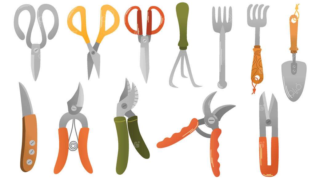 مجموعه ابزارهای باغبانی: ابزارهای کشاورزی و باغبانی برای کارهای بهاری. تصاویر برداری دست‌کشیده، جدا شده روی پس‌زمینه سفید