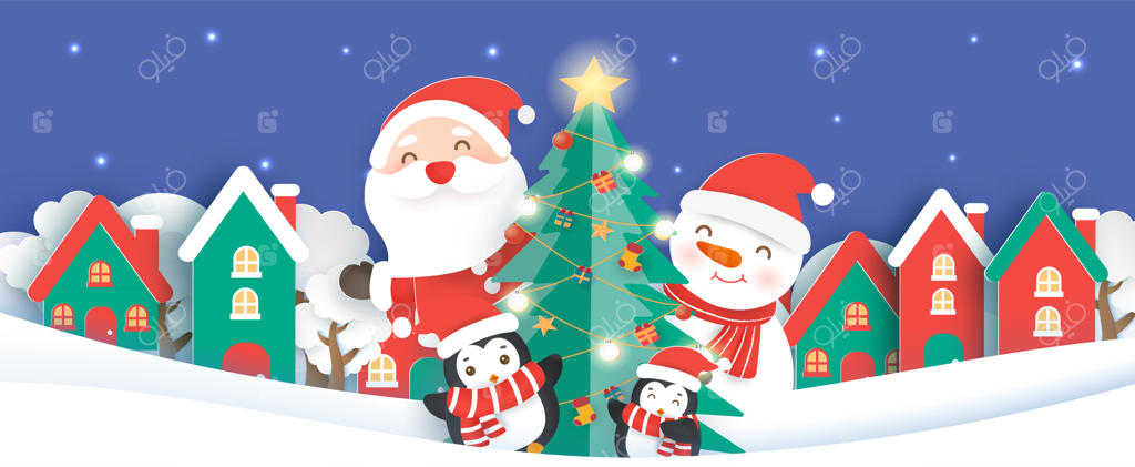 پس‌زمینه کریسمس با بابانوئل و دوستانش در دهکده برفی به سبک برش و هنر کاغذی.