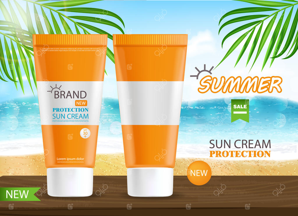 بطری کرم ضد آفتاب با طراحی واقعی، پس‌زمینه دریا، بنر گرمسیری، بسته‌بندی، محافظت از کرم ضد آفتاب، لوازم آرایشی تابستانه
