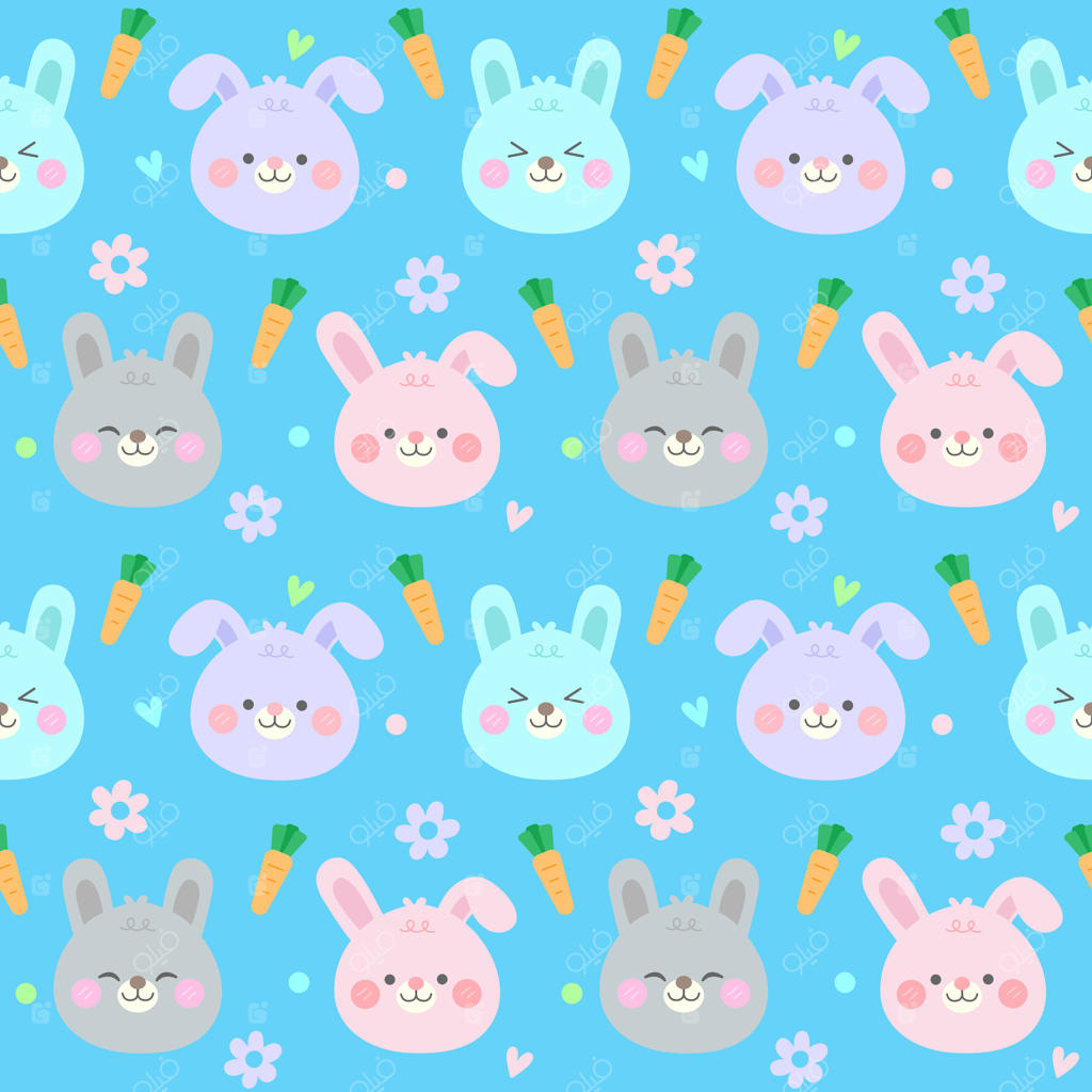 پترن یکپارچه کودکان: تصویر دستی صورت خرگوش بامزه در باغ با پس‌زمینه آبی، وکتور ایلاستریشن