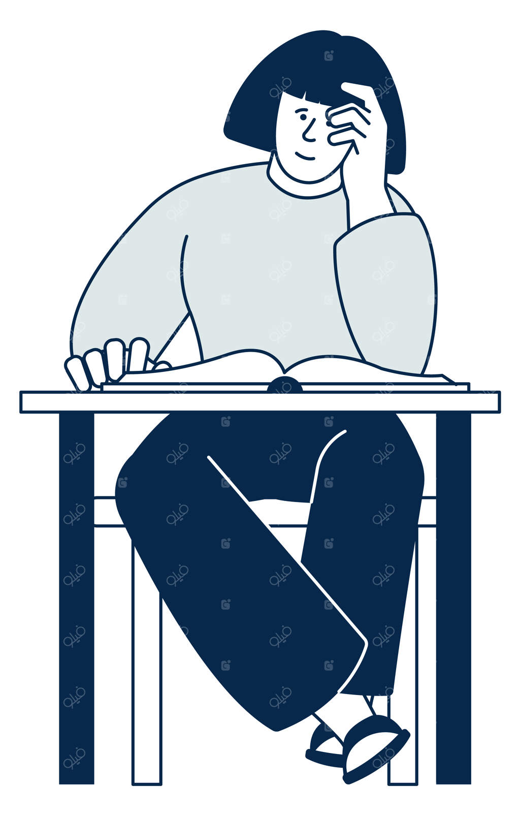 دختر جوان در حال مطالعه و دانشجویی مشغول به تحصیل در پشت میز روی زمینه سفید