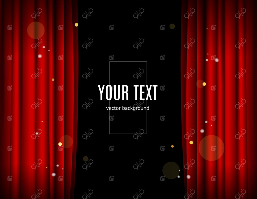 پوستر تبلیغاتی با پرده‌های قرمز سه‌بعدی و طراحی واقع‌گرایانه و دقیق. وکتور